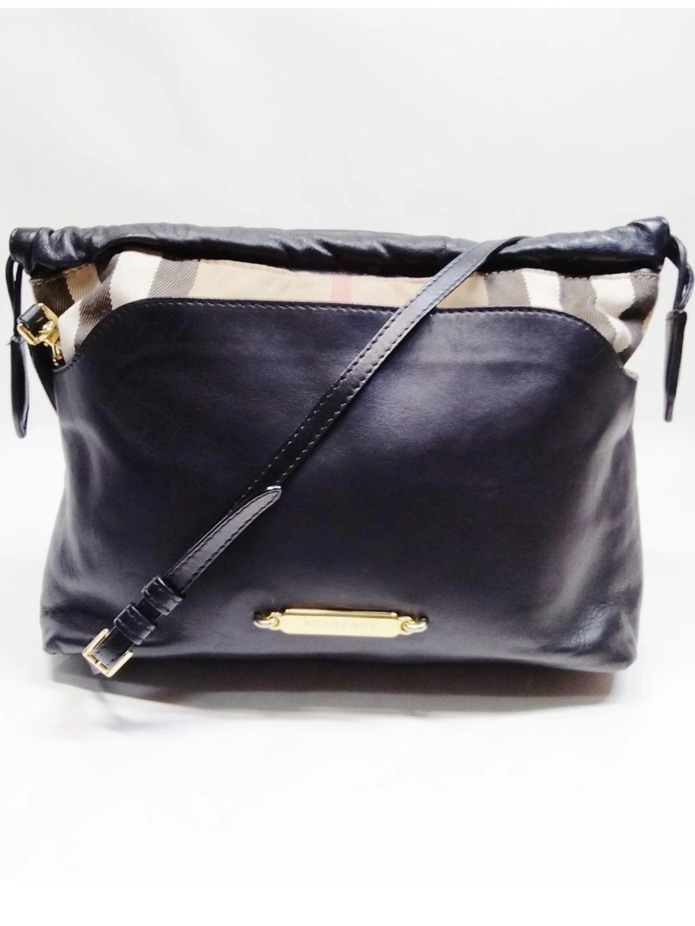BURBERRY Black Leather Crossbody Bag with Beige Check Accent